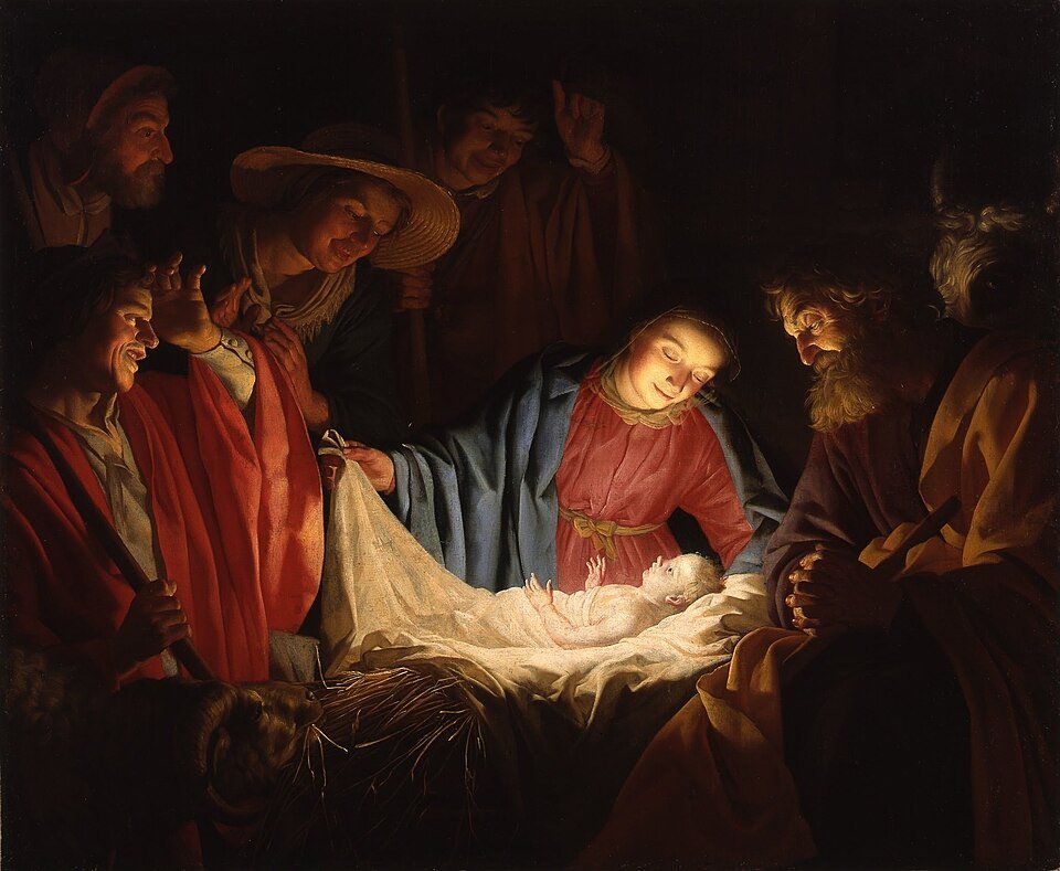 Gerard van Honthorst's 1622 Baroque masterpiece 'Adoration of the Shepherds', an oil on canvas housed at the Wallraf-Richartz Museum in Cologne, dramatically illuminates the humble Nativity scene where awestruck shepherds gather to worship the newborn Christ child in a stable bathed in divine celestial light