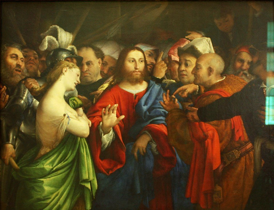 Lorenzo Lotto's 1525-1530 oil painting 'Christ and the Adulteress' in the Louvre depicts Jesus proclaiming mercy and forgiveness