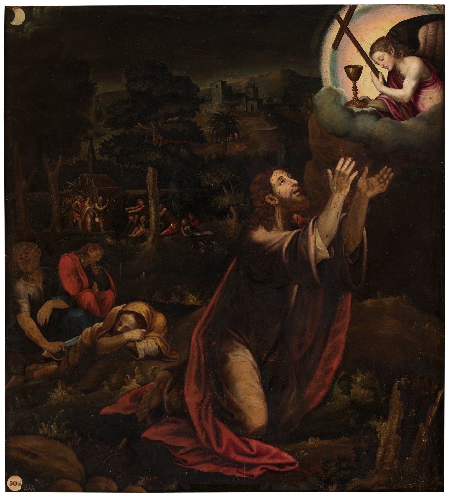 Vicente Juan Masip's 1550 oil on panel 'Agony in the Garden,' housed at the Museo del Prado, depicts Christ kneeling in anguished prayer at Gethsemane as angels present the chalice of suffering, with his sleeping apostles in the foreground and Judas approaching with soldiers