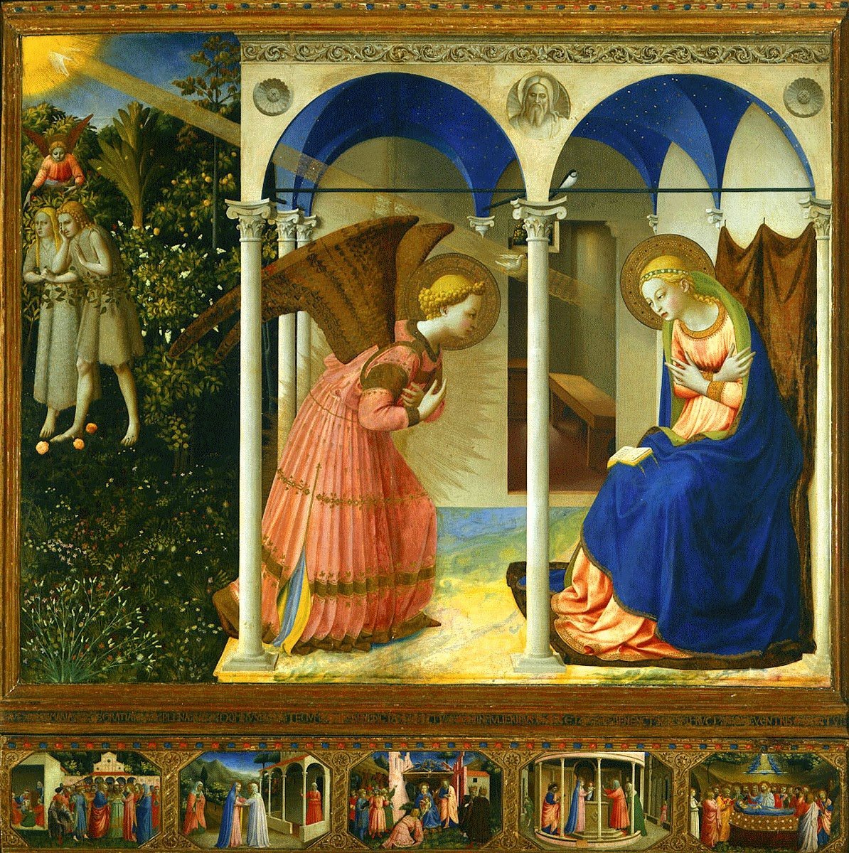 Fra Angelico's 'The Annunciation' (mid-1430s), a tempera on panel housed at the Museo del Prado in Madrid, captures the biblical moment when Archangel Gabriel announces to the Virgin Mary that she will bear the Son of God within an elegant Renaissance architectural setting