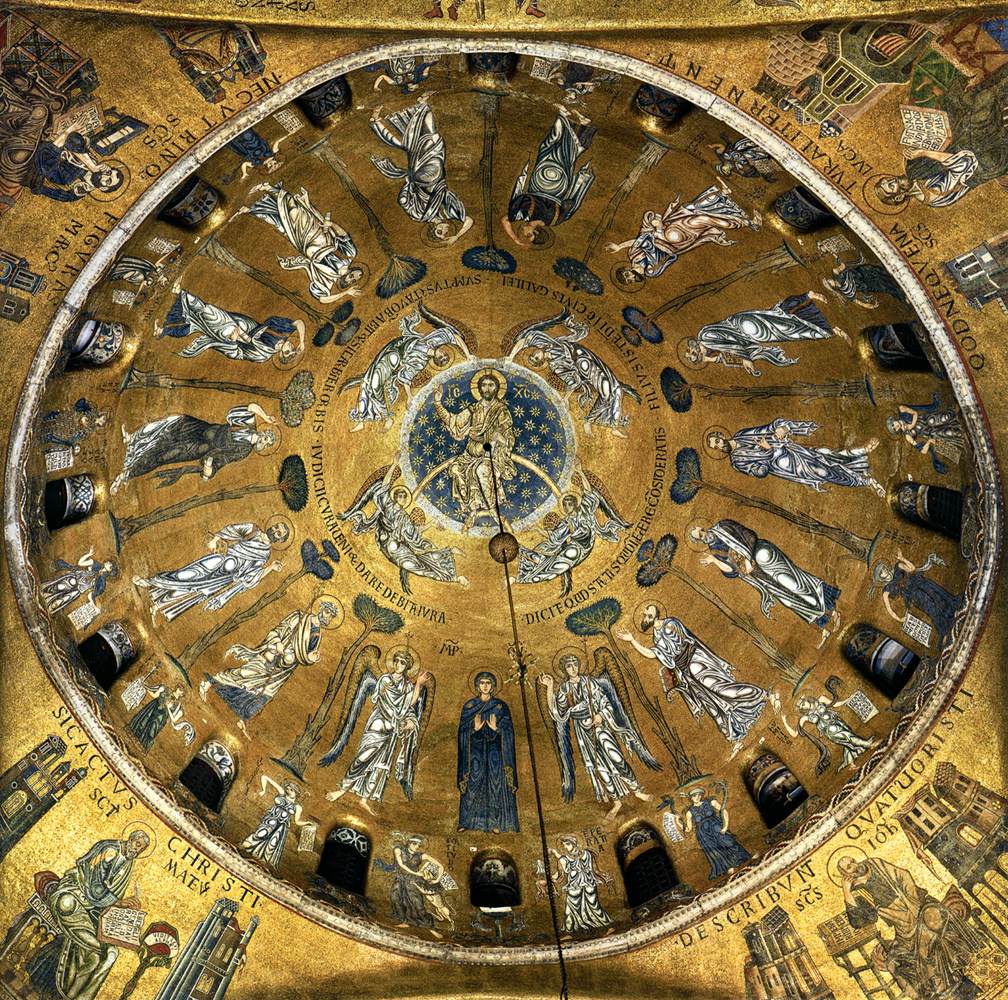 This Byzantine mosaic, 'The Ascension', created by mosaicists between 1175-1200 in the Basilica di San Marco, Venice, depicts Christ rising to heaven in a mandorla of light, supported by angels, with the Virgin Mary and astonished apostles witnessing the event below
