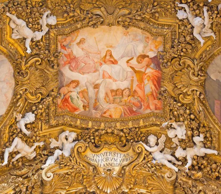 In their 1706 Baroque fresco 'The Assumption of the Virgin Mary' in the main cupola of Chiesa di Santa Maria del Orto, Rome, Giuseppe and Andrea Orazi depict the Virgin Mary being assumed body and soul into heaven, rising dynamically amidst a host of angels and putti