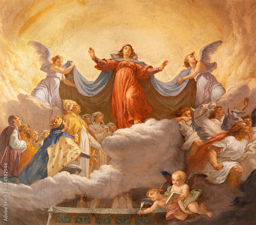 Cesare Mariani's 1863 fresco 'Assumption of the Virgin with Vision of St Bonaventure' in Rome's Chiesa di Santa Lucia del Gonfalone depicts the Virgin Mary's bodily ascent into heaven witnessed by St Bonaventure, illustrating the fourth Glorious Mystery where Mary is assumed body and soul into divine glory