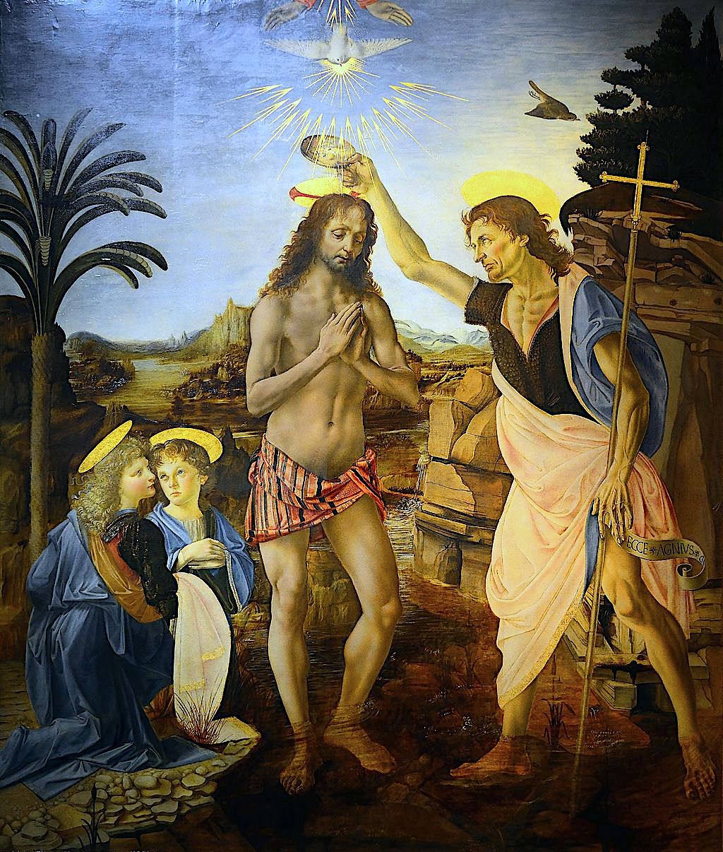 In 'The Baptism of Christ' (c 1475), a collaborative tempera and oil on wood masterpiece by Andrea del Verrocchio and Leonardo da Vinci, John the Baptist baptizes Jesus in the Jordan River as angels witness and the Holy Spirit descends, housed at the Uffizi Gallery in Florence