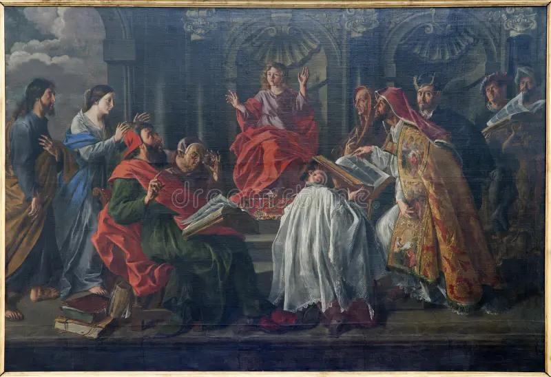 The artwork 'Jesus Teaching in the Temple' by an unknown artist depicts the subject of the twelve-year-old Jesus astonishing the Temple scholars with his divine wisdom This scene illustrates the Joyful Mystery of the Finding of Jesus in the Temple, where the young Christ, after being sought by his parents, reveals his profound understanding and mission in his Father's house