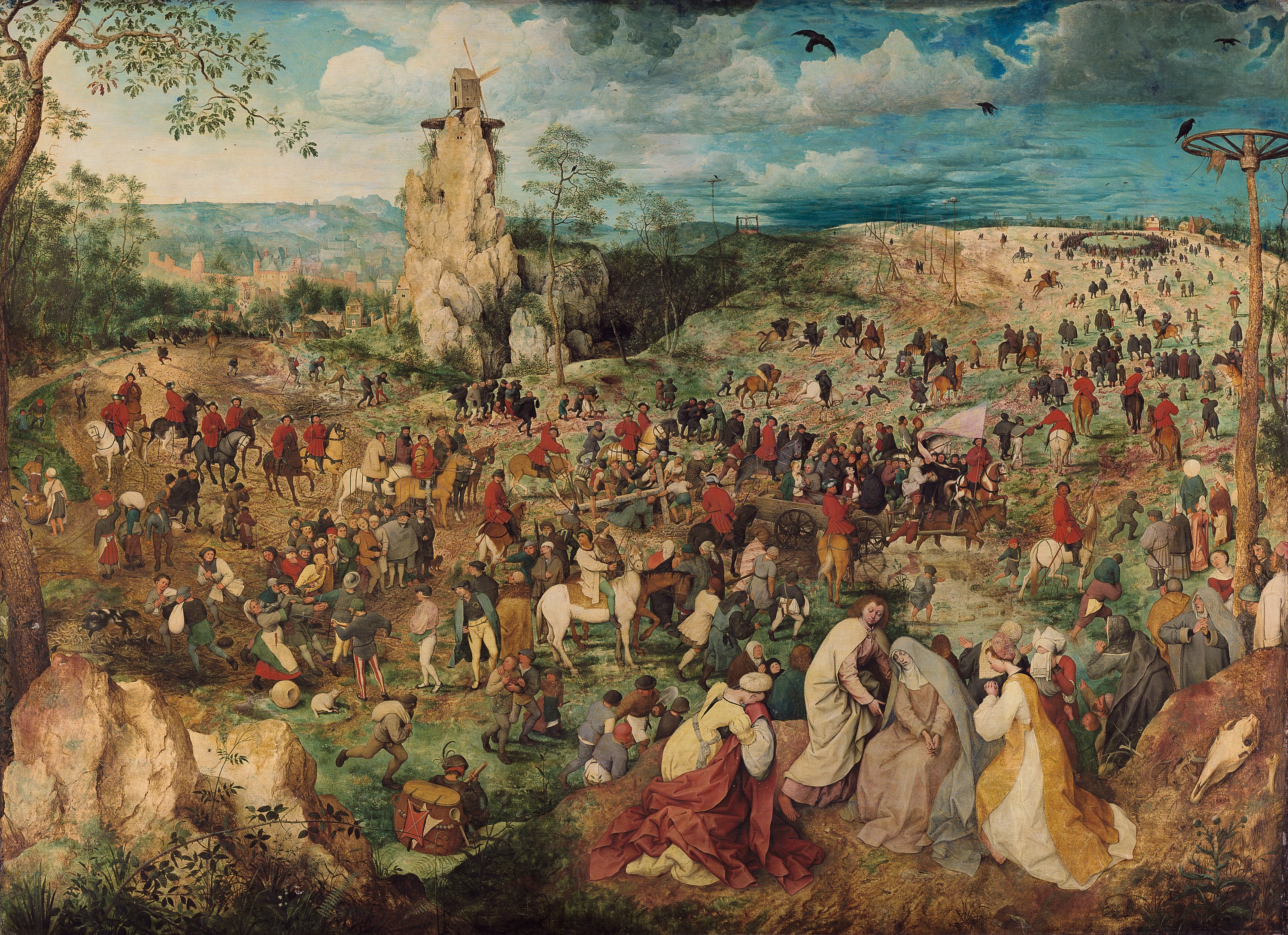 Pieter Bruegel the Elder's 1564 oil on panel 'The Procession to Calvary', housed at the Kunsthistorisches Museum in Vienna, masterfully depicts Christ's solitary suffering as he falls under the weight of the cross, contrasting his profound agony with the bustling indifference of the vast crowd continuing their daily life around him