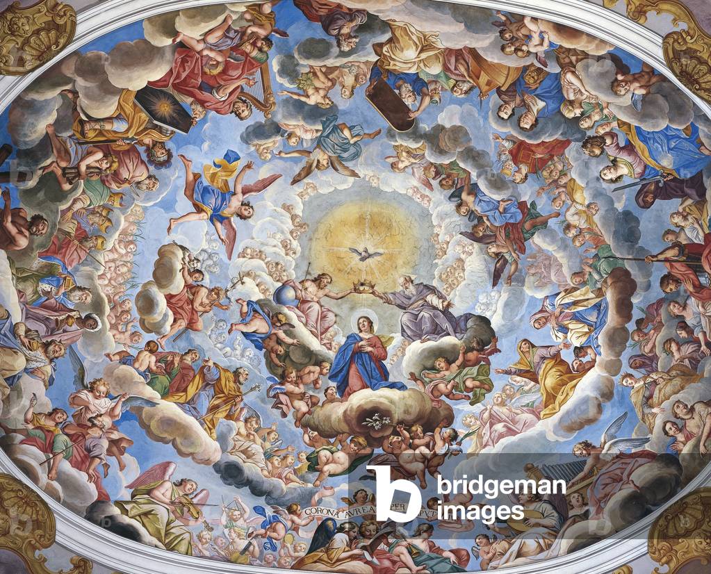 Giuseppe Mattia Borgnis's 18th-century Baroque fresco depicts the Virgin Mary's coronation as Queen of Heaven by the Holy Trinity