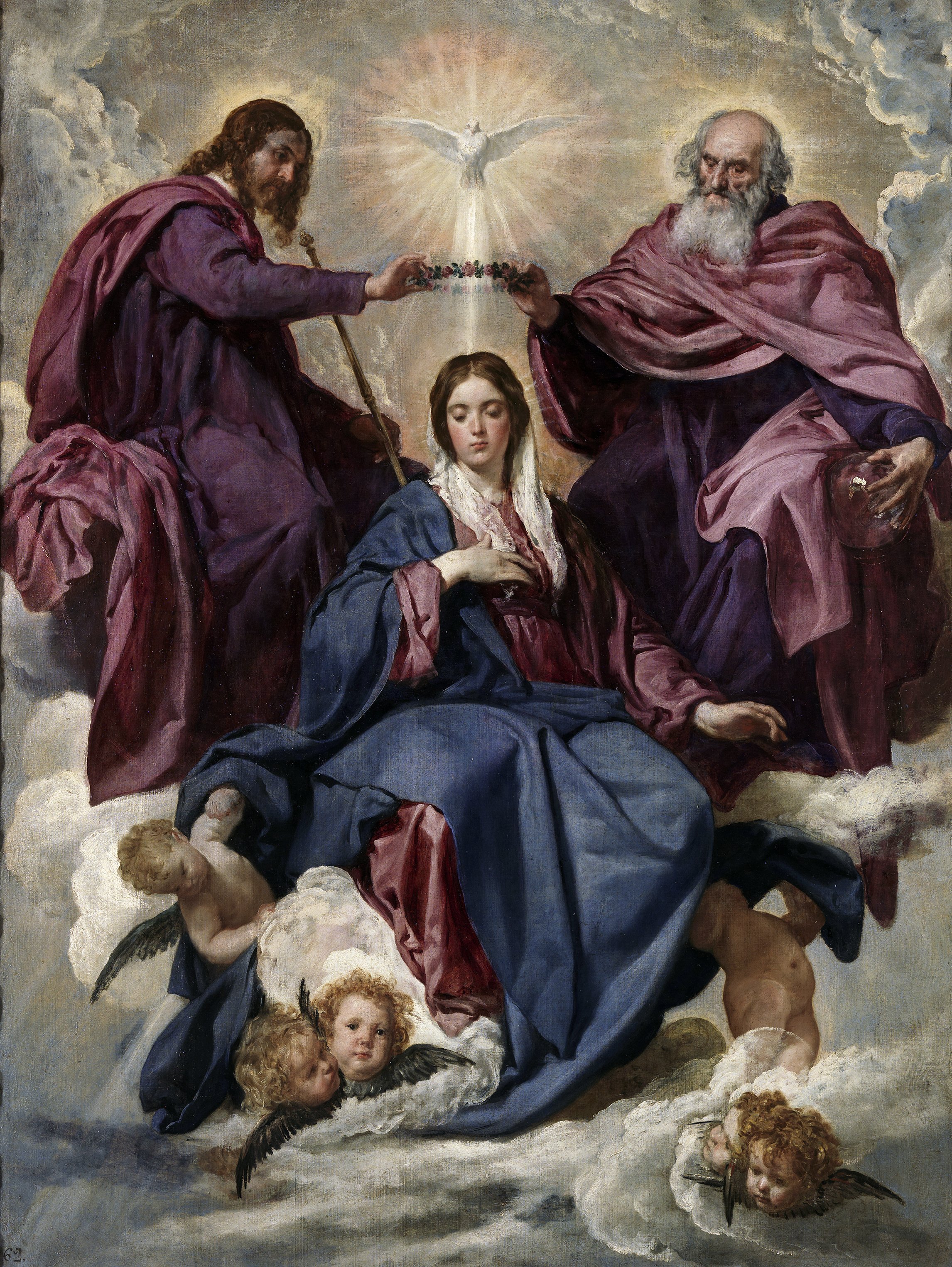 Diego Velázquez's 'Coronation of the Virgin' (c 1641-1644), an oil on canvas at the Prado, depicts the Holy Trinity crowning Mary as Queen of Heaven