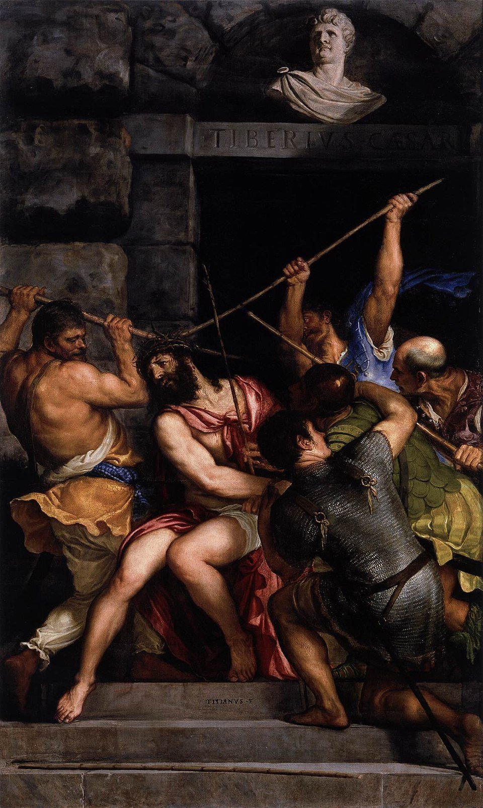 Titian's 'Christ Crowned with Thorns' (c 1542–1543), oil on canvas at the Louvre, depicts Roman soldiers pressing the thorn crown onto Christ's head with violent solemnity