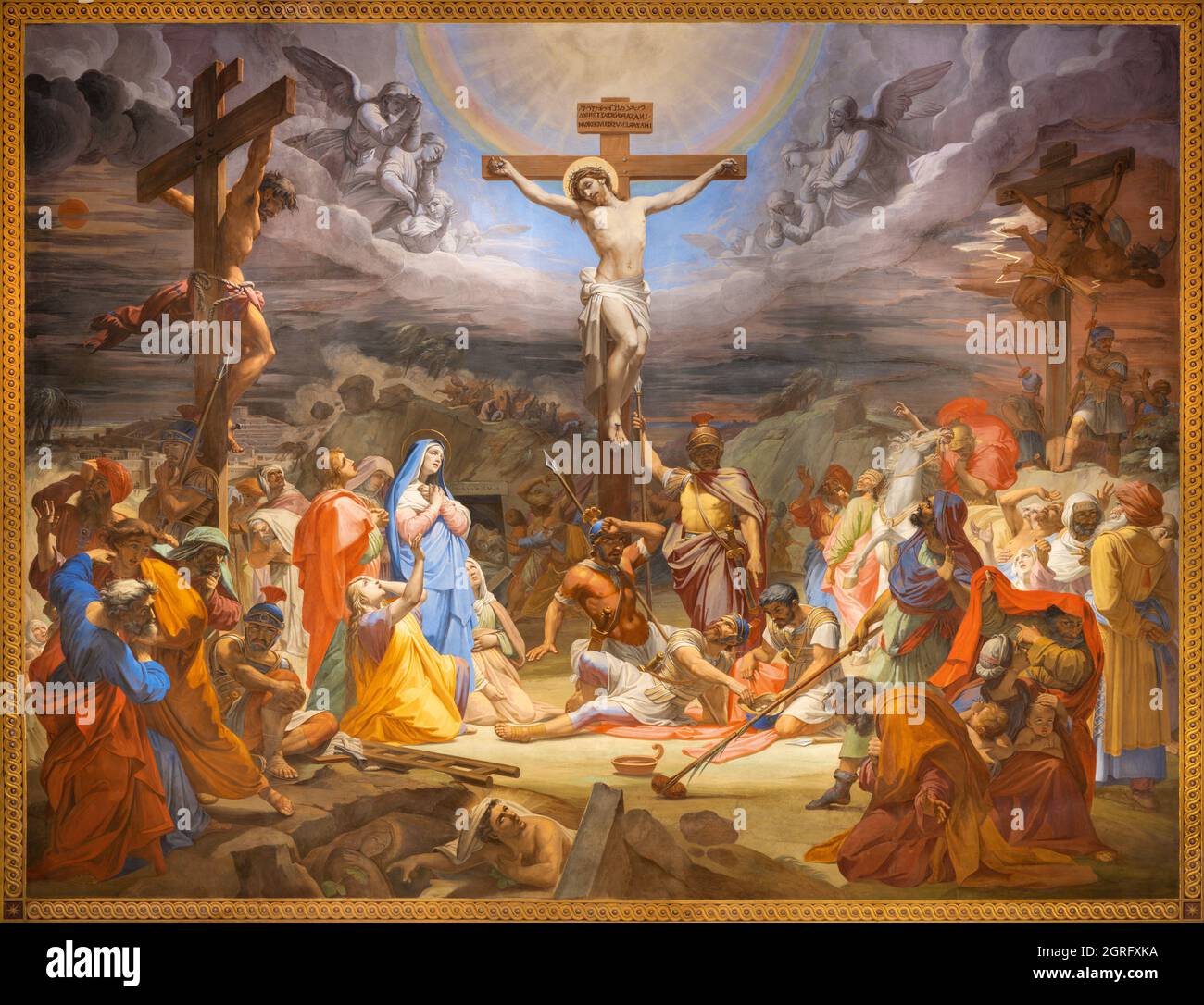 Pietro Gagliardi's 1847-1852 fresco 'Crucifixion' in San Girolamo dei Croati, Rome, depicts Christ's sacrifice on the cross, surrounded by the grieving figures of the Virgin Mary, John the Evangelist, and Mary Magdalene, emphasizing the profound theological significance of the event
