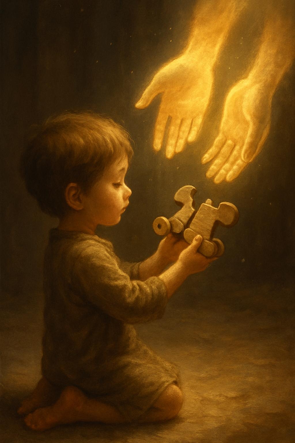 A child's hand placing a broken toy into a father's weathered hands, bathed in warm light