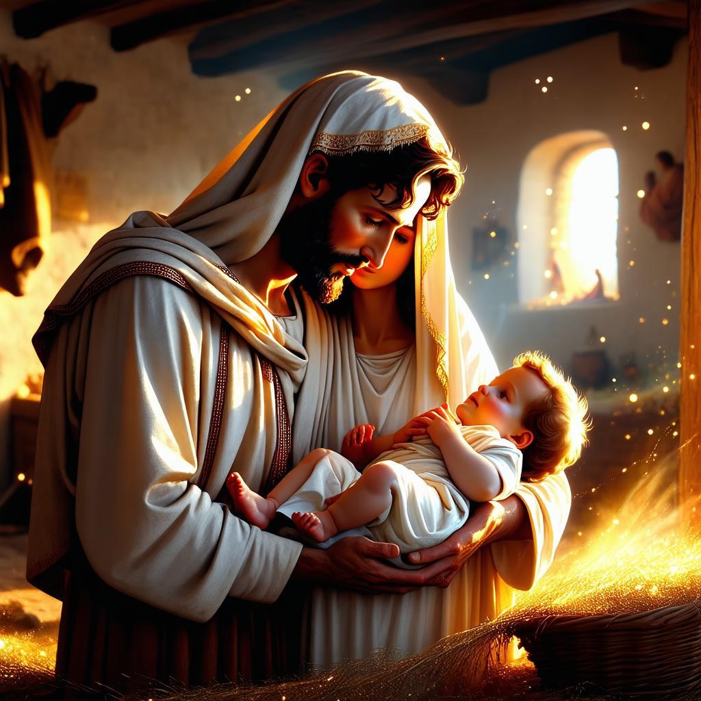 AI-Generated Image: A holy family bathed in divine light, where love moves in silent glances and sacred gestures
