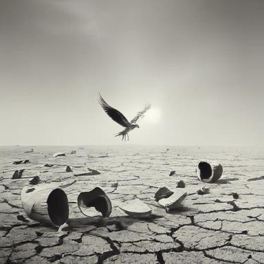 AI-Generated Image: A barren landscape of hollow words, where prayer and art remain unseen, like a bird too afraid to fly