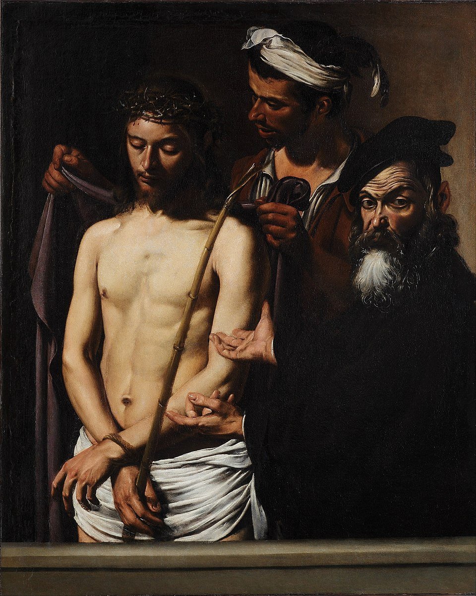 Caravaggio's 1605 Baroque masterpiece 'Ecce Homo' in oil on canvas, housed at Palazzo Bianco in Genoa, dramatically captures Pontius Pilate presenting the thorn-crowned Christ to the mocking crowd with the declaration ehold the Man,embodying the Sorrowful Mystery of the Crowning with Thorns