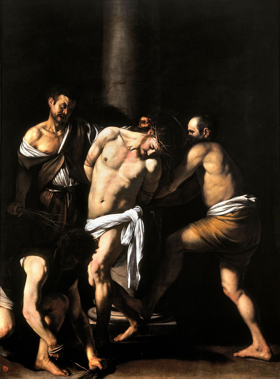 Caravaggio's 1607 Baroque masterpiece 'The Flagellation of Christ' in Naples depicts Christ's brutal scourging by Roman soldiers