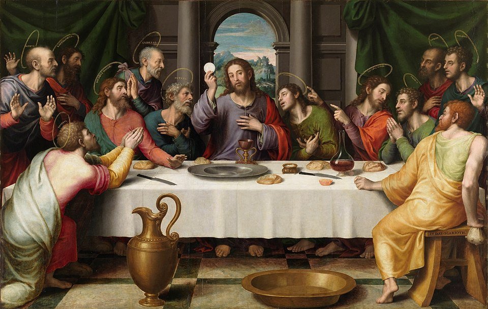 Juan de Juanes's 1562 oil painting 'The Last Supper', housed in the Museo del Prado, is a Spanish Renaissance work depicting the fifth Luminous Mystery: the Institution of the Eucharist, where Christ offers the consecrated host