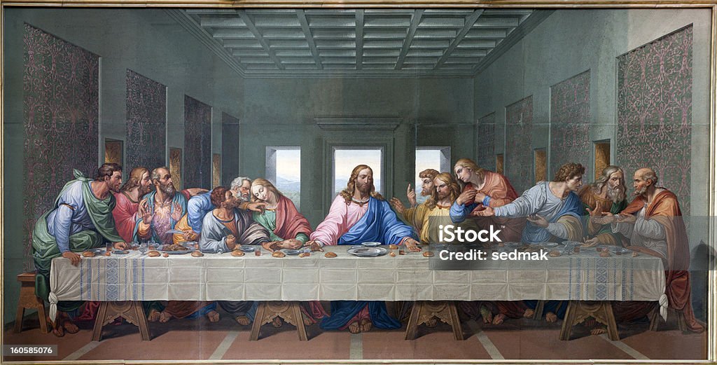 Giacomo Raffaelli's early 19th century mosaic 'The Last Supper' in Vienna depicts Jesus instituting the Eucharist during his final meal with the apostles, faithfully reproducing Leonardo da Vinci's iconic composition in the luminous medium of stone and glass