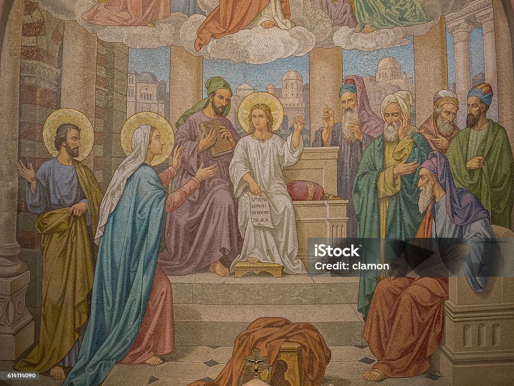 This 20th-century Byzantine Revival mosaic by an unknown artist, titled 'The Finding of Jesus in the Temple', is located in the Rosary Basilica at Lourdes It depicts the fifth Joyful Mystery, where Mary and Joseph discover the twelve-year-old Jesus demonstrating his divine wisdom while teaching the elders