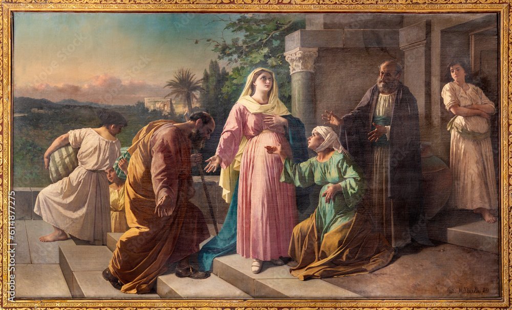Federico Maldarelli's 1889 oil painting 'The Visitation' in Naples' Chiesa dei Santi Severino e Sossio depicts the sacred meeting between the pregnant Virgin Mary and her cousin Elizabeth, where the unborn John the Baptist leaps for joy