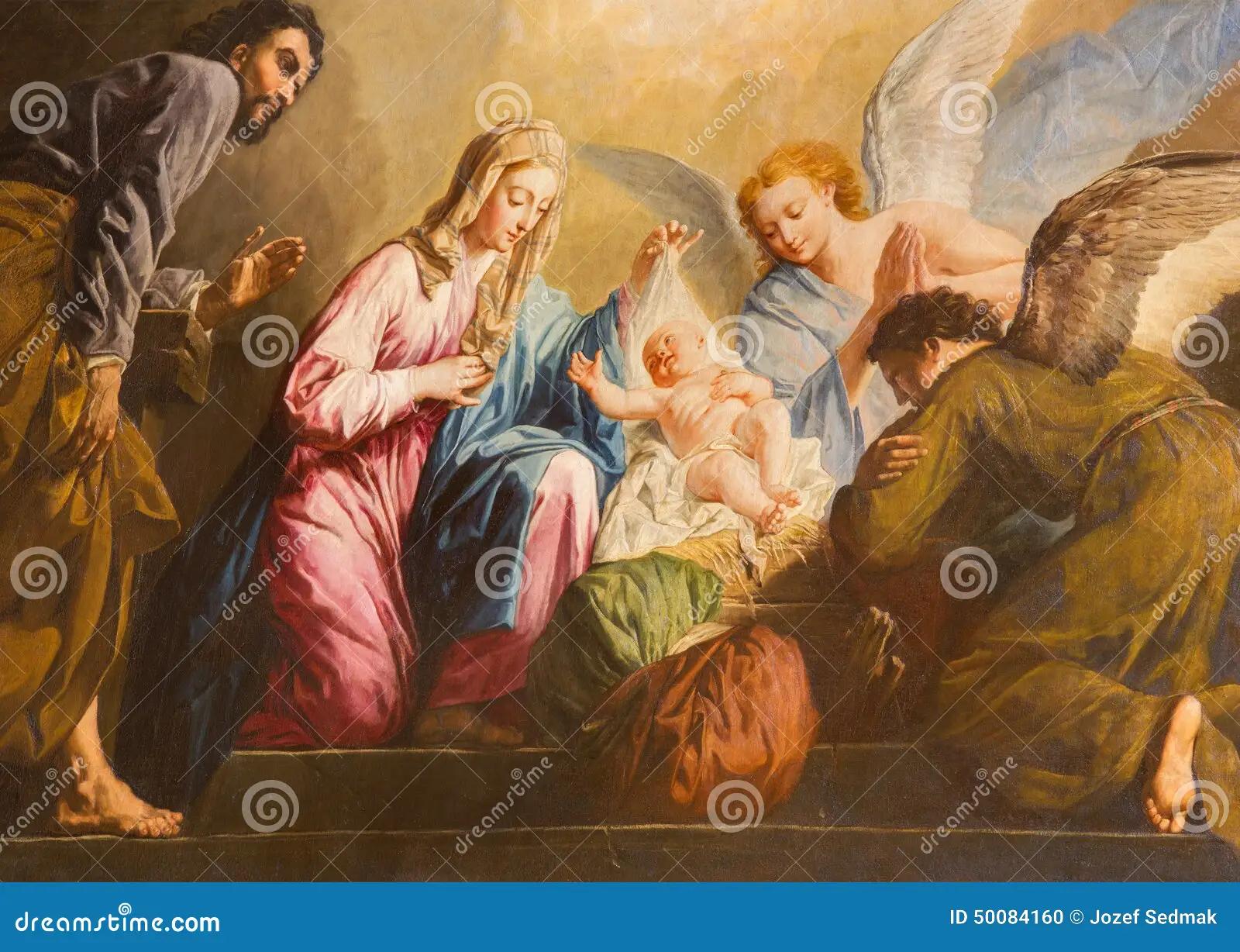 Pellegrini's 18th-century Rococo fresco in Vienna depicts the Nativity with graceful figures and soft colors