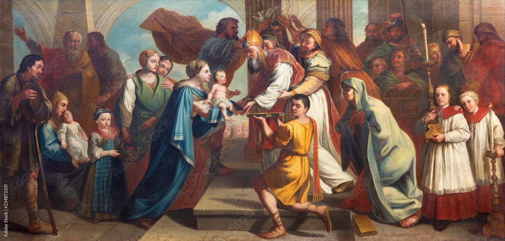 A Baroque oil painting depicting the Presentation of the infant Jesus to Simeon in the Temple, created by an unknown 18th century artist in Prague's Church of St Gall