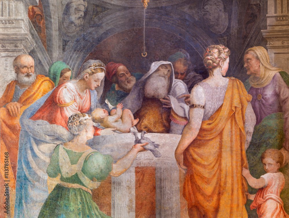 Giulio Campi's 1547 fresco 'The Presentation of Jesus in the Temple' in Cremona depicts Mary and Joseph presenting the infant Christ to Simeon