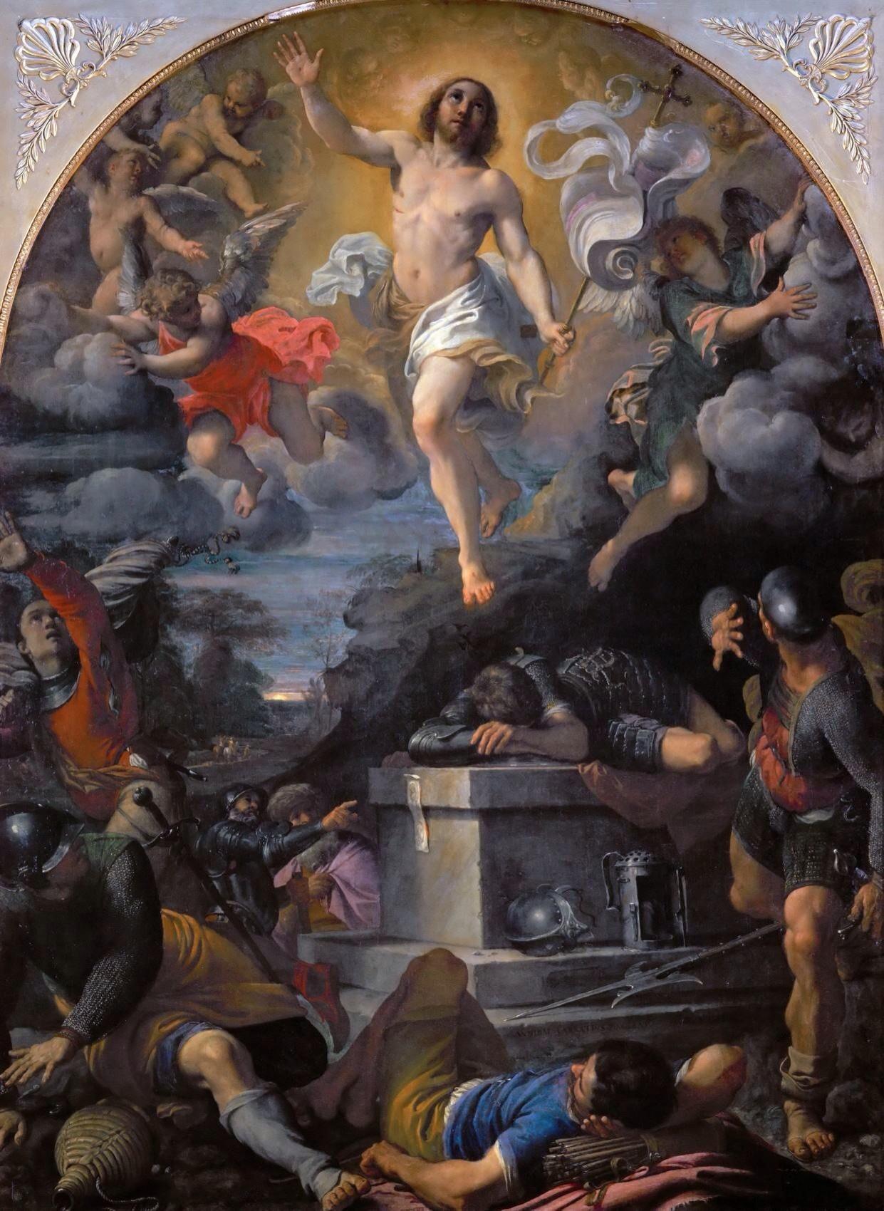 Annibale Carracci's 1593 Baroque oil painting 'Resurrection', housed in the Louvre Museum, depicts Christ emerging gloriously from the tomb, holding the banner of victory as Roman soldiers recoil in awe and fear