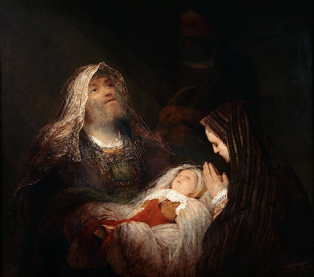 Aert de Gelder's 1700-1710 oil painting 'Simeon's Song of Praise', housed at the Mauritshuis in The Hague, depicts the Presentation of Jesus in the Temple, a Joyful Mystery where the righteous Simeon recognizes the infant as the Messiah