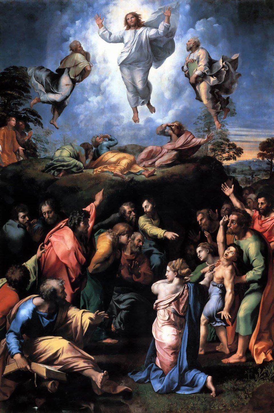 Raphael's 'The Transfiguration' (1516-1520), a High Renaissance tempera on wood masterpiece in the Vatican Museums, dramatically portrays Christ's divine radiance on Mount Tabor while below, the apostles struggle to heal a possessed boy, powerfully juxtaposing heavenly glory with earthly human need