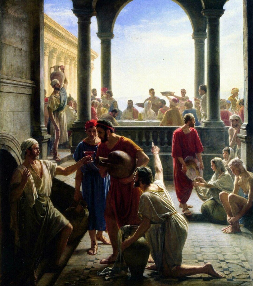 Carl Bloch's 19th-century oil painting 'The Wedding at Cana' depicts Jesus performing his first miracle by transforming water into wine at a wedding celebration, capturing this Luminous Mystery with Danish Golden Age artistry