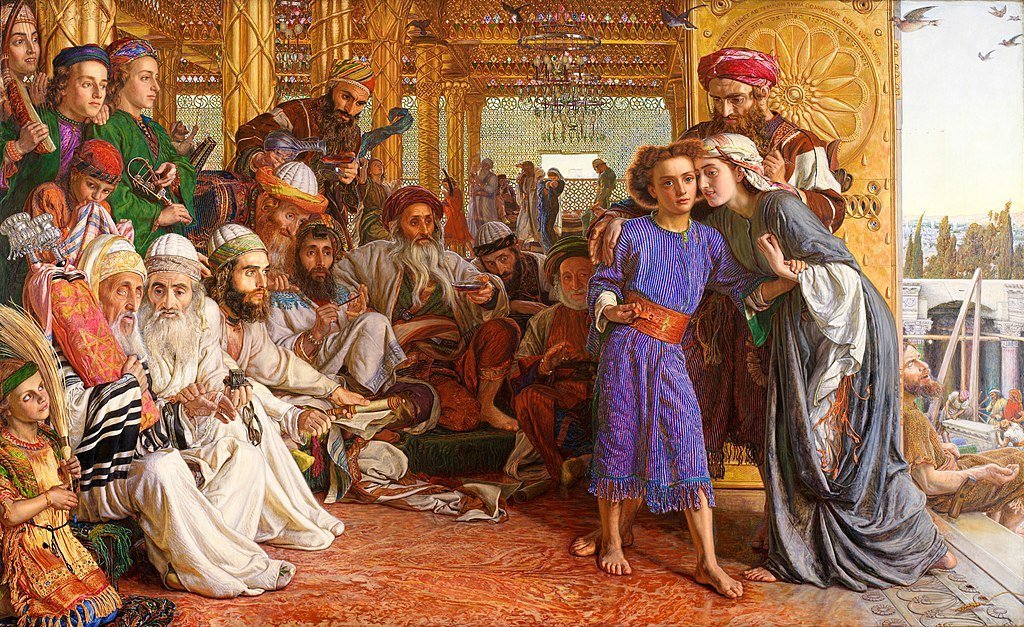 William Holman Hunt's 1860 Pre-Raphaelite masterpiece 'The Finding of the Saviour in the Temple', an oil on canvas housed at the Birmingham Museum and Art Gallery, depicts the profound moment when Mary and Joseph discover their twelve-year-old son Jesus engaged in deep theological discussion with the rabbis, illuminating the fifth Joyful Mystery where the boy reveals His divine mission within His Father's house