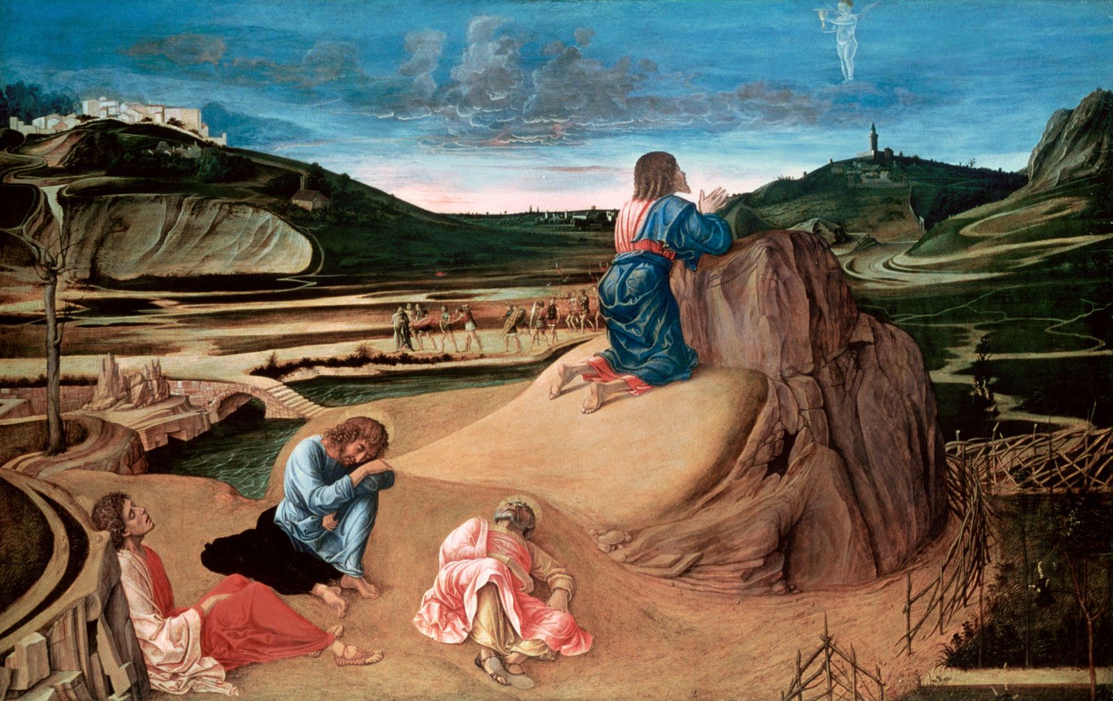 Bellini's Agony in the Garden (late 1400s), oil on panel in London’s gallery, depicts prayer and sorrow in Gethsemane