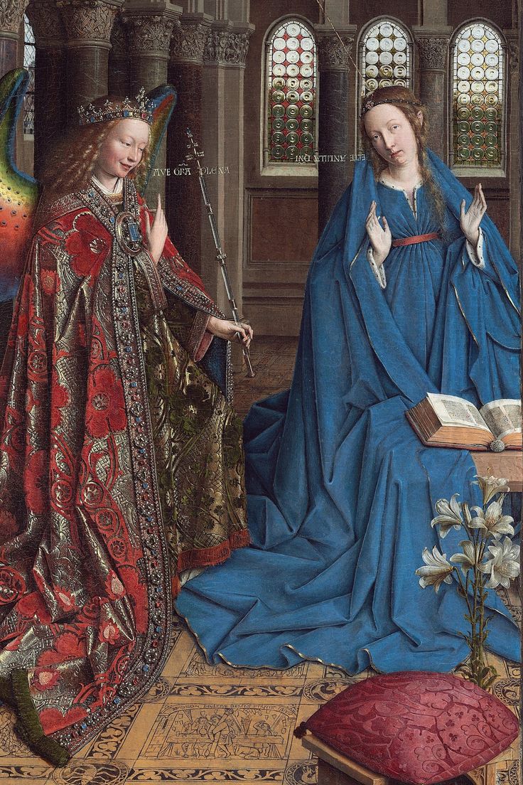 Depicts the angel Gabriel announcing to Mary that she will conceive Jesus
