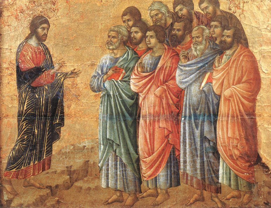 Duccio di Buoninsegna's 14th-century Gothic masterpiece 'Christ Taking Leave of the Apostles,' rendered in tempera on wood, depicts the solemn moment of Christ's post-resurrection appearance as He imparts His final instructions to the apostles before His glorious Ascension into heaven