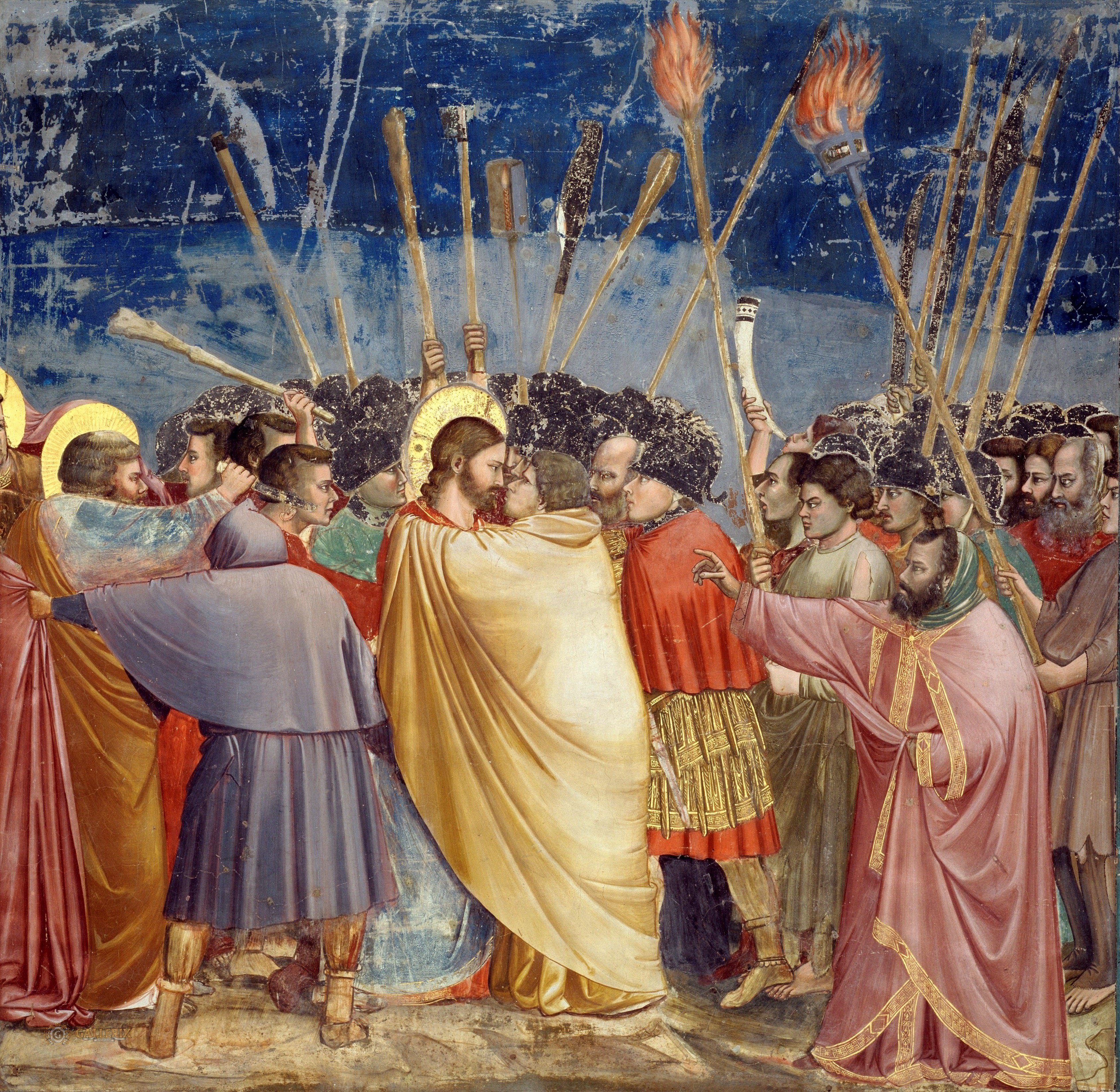 Giotto's 1304-1306 fresco in Padua's Scrovegni Chapel captures Judas's treacherous kiss during Christ's arrest in Gethsemane