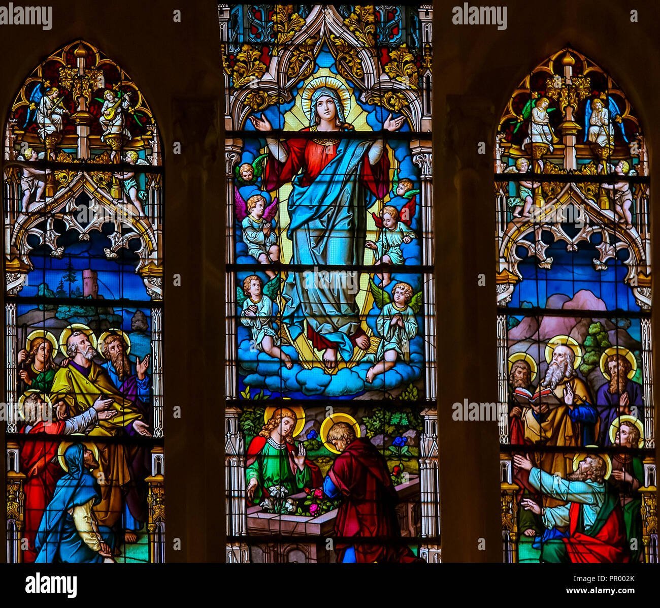 This 13th-15th century Gothic stained glass window, 'The Assumption of Mary' by an unknown artist, is located in Burgos Cathedral, Spain It depicts the Virgin Mary being assumed body and soul into heaven, surrounded by angels and welcomed by Christ, fulfilling the divine promise of eternal glory for the one who said yes to God