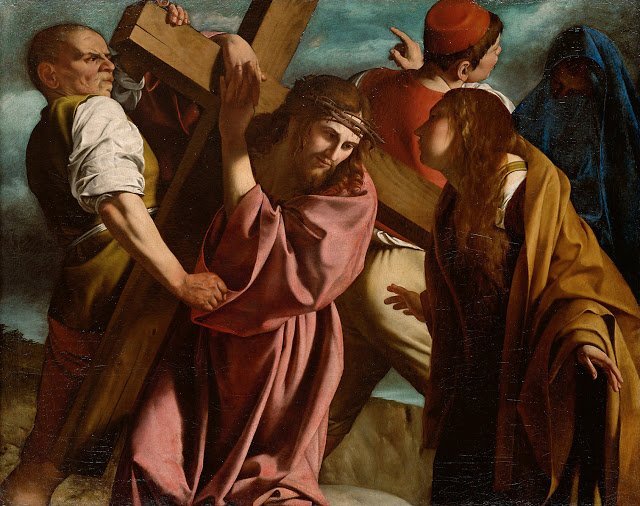 Orazio Gentileschi's 1605 Baroque oil painting 'Christ Carrying the Cross' depicts the fourth Sorrowful Mystery, showing an exhausted Christ struggling under the weight of the cross on the road to Golgotha, a moment that transforms the instrument of dishonor into a sign of ultimate victory