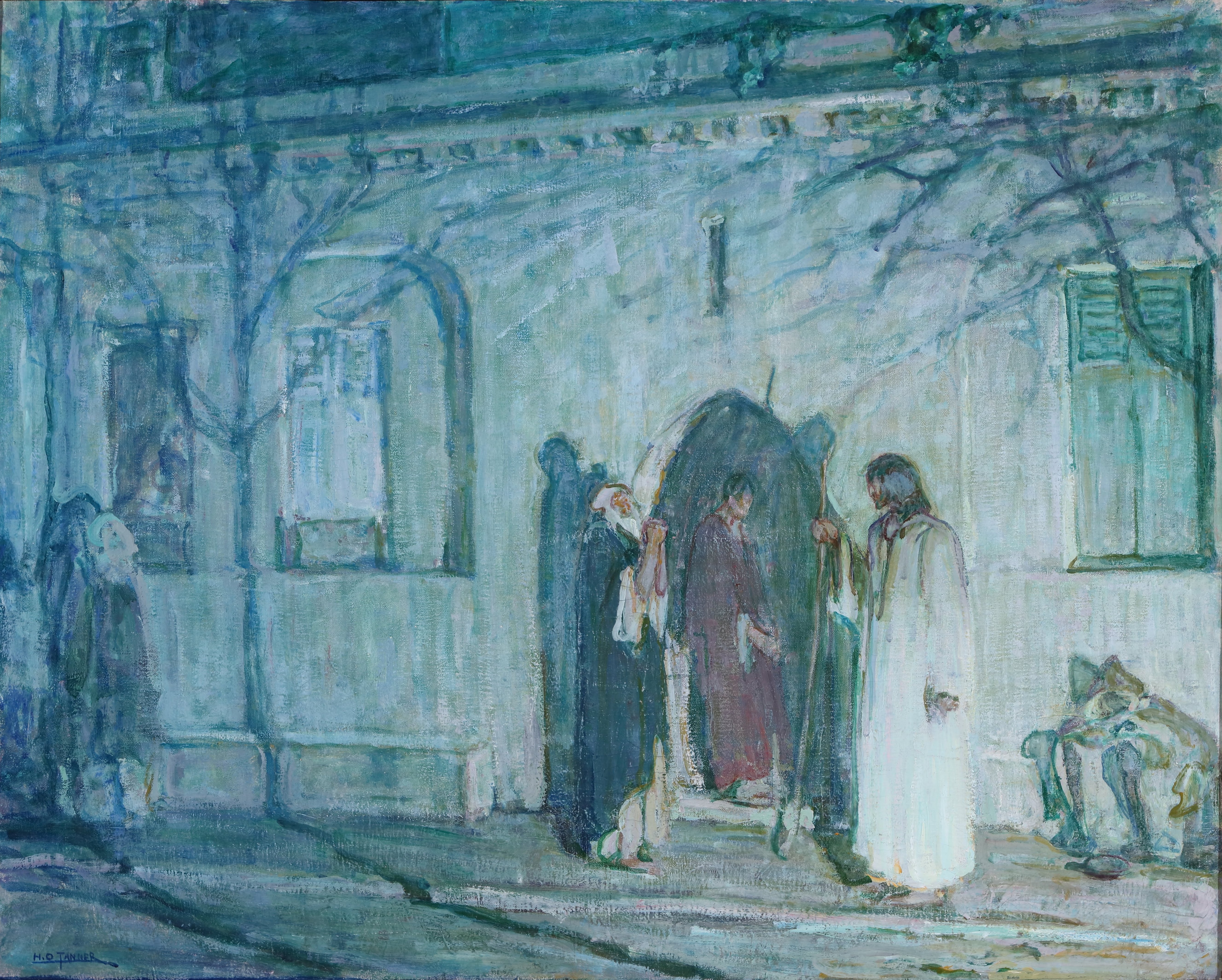 Henry Ossawa Tanner's 1900 oil painting 'Christ and the Disciples Before the Last Supper' presents an intimate American Realist depiction of Christ in spiritual preparation with his disciples, poignantly capturing the solemn moment before the institution of the Eucharist