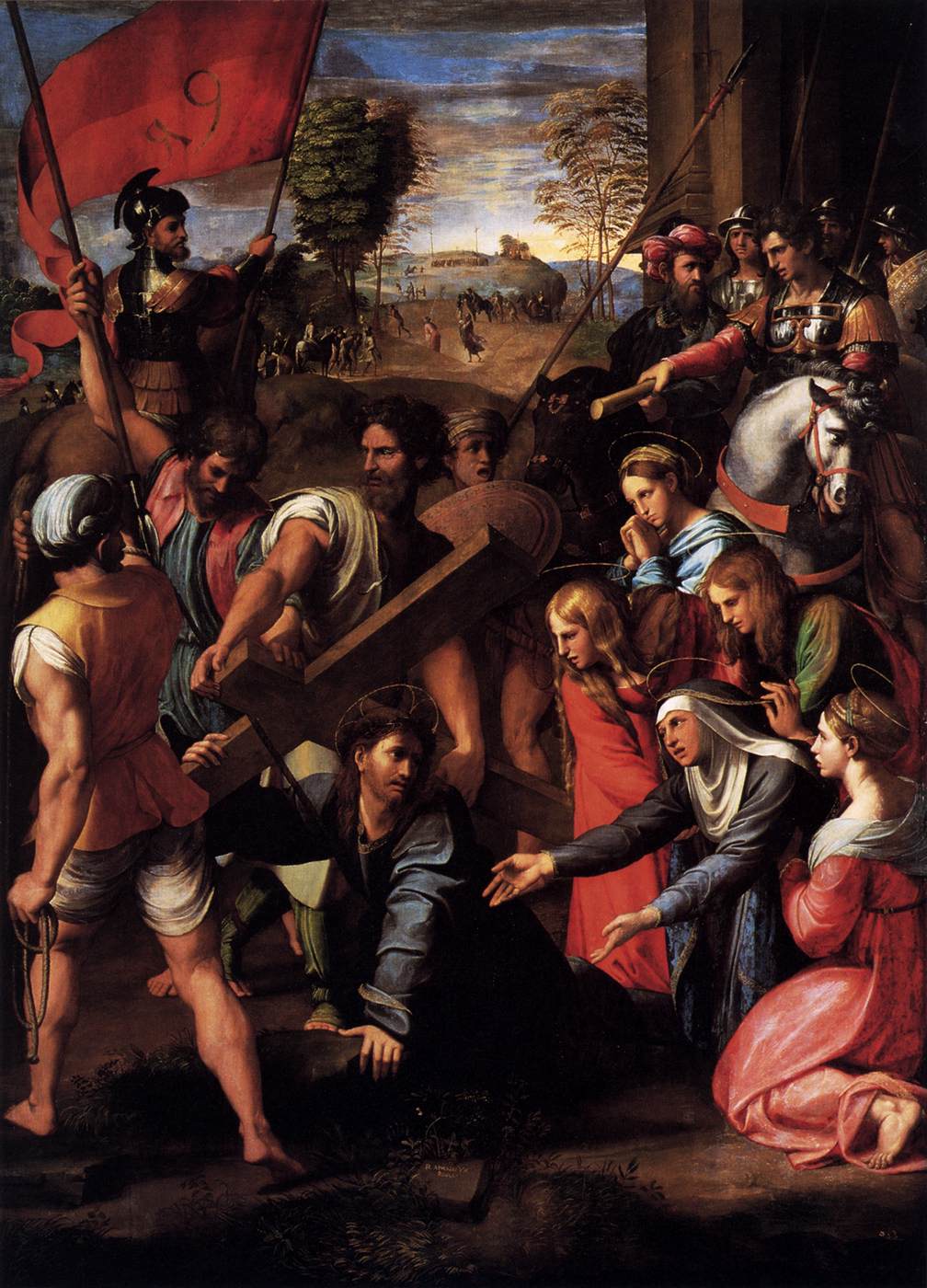 Raphael's 1516-1517 oil painting 'Christ Falls on the Way to Calvary', housed in the Museo del Prado, Madrid, dramatically depicts the fourth Sorrowful Mystery where Christ stumbles under the cross's weight on the Via Dolorosa, surrounded by the Virgin Mary and a crowd of witnesses