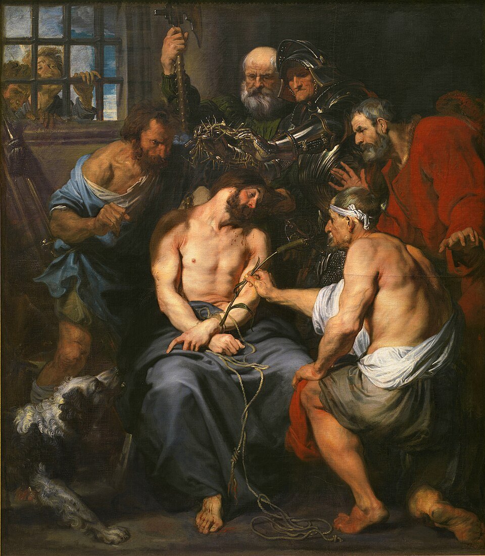 Anthony van Dyck's Baroque masterpiece 'The Crowning with Thorns' (c 1620), an oil on canvas housed in the Museo del Prado, Madrid, powerfully depicts Roman soldiers mocking Christ The painting captures the profound paradox of this sorrowful mystery, where the brutal humiliation of the thorn crown simultaneously affirms his identity as the suffering yet regal Son of God