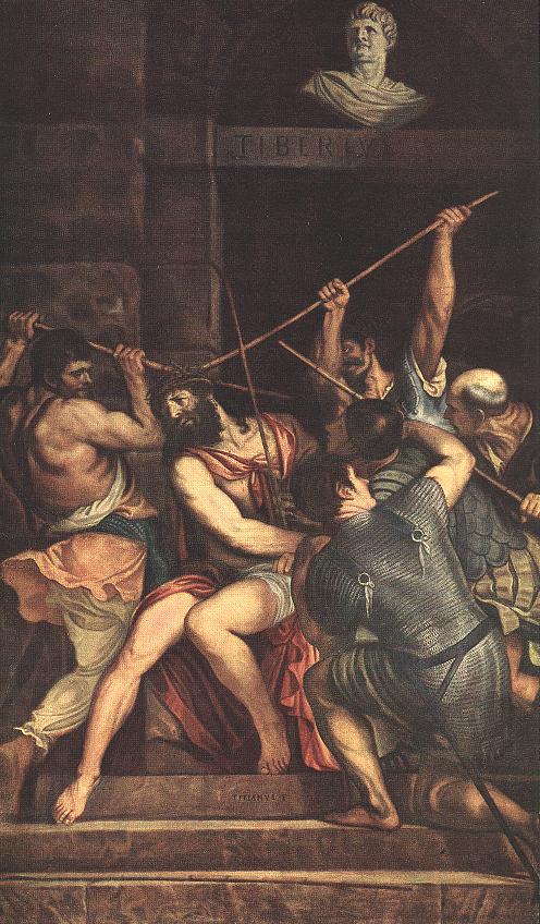 Titian's dramatic 'The Crowning with Thorns' portrays Christ's suffering, blending intense emotion with masterful composition in this Louvre masterpiece