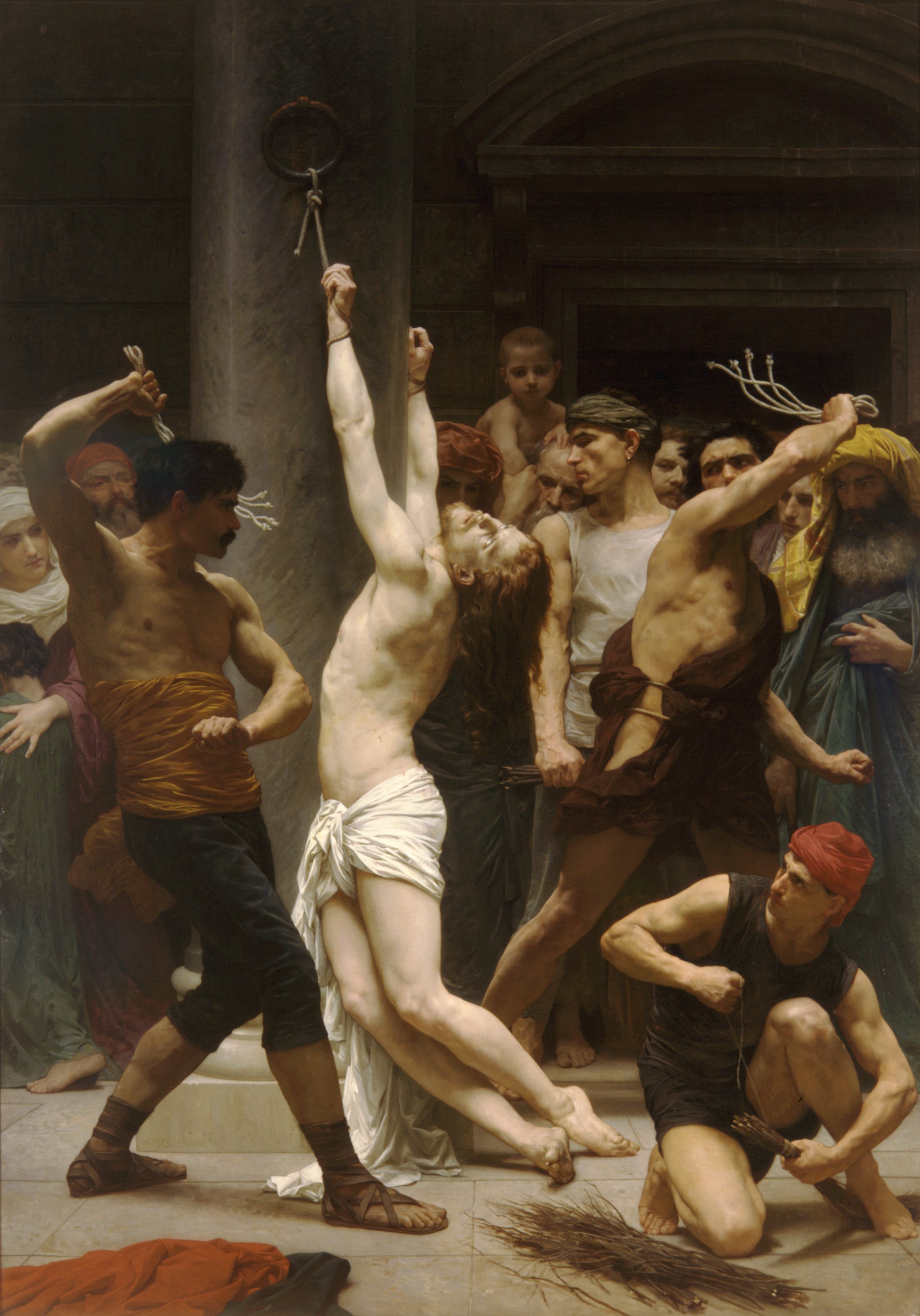 Bouguereau's 1880 oil painting 'The Flagellation of Our Lord Jesus Christ' depicts Christ's brutal scourging with divine resignation, located in La Rochelle Cathedral