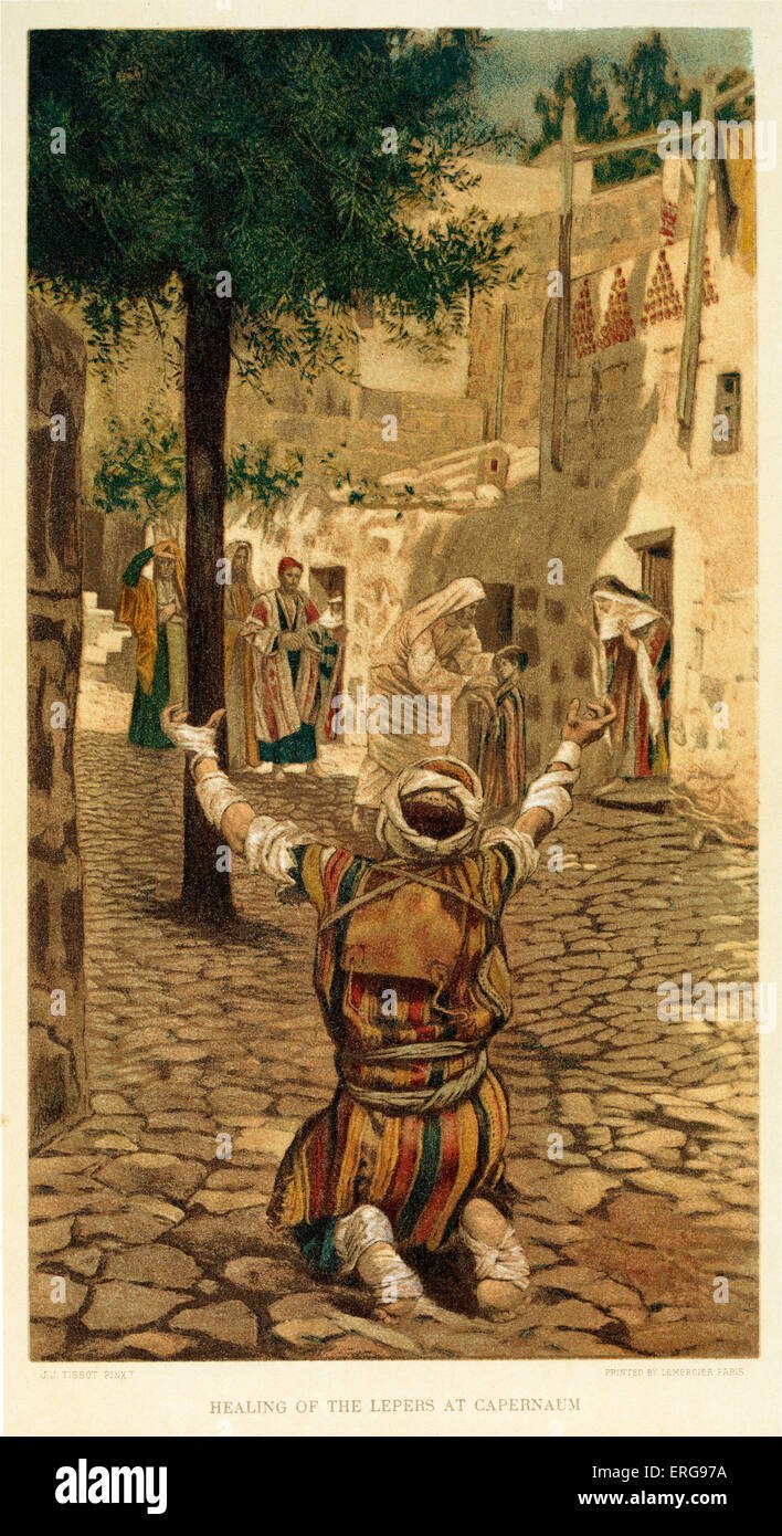 James Tissot's 1894 gouache painting 'Healing of the Lepers at Capernaum' powerfully illustrates Christ's compassionate ministry as He heals the afflicted while proclaiming the Kingdom of God