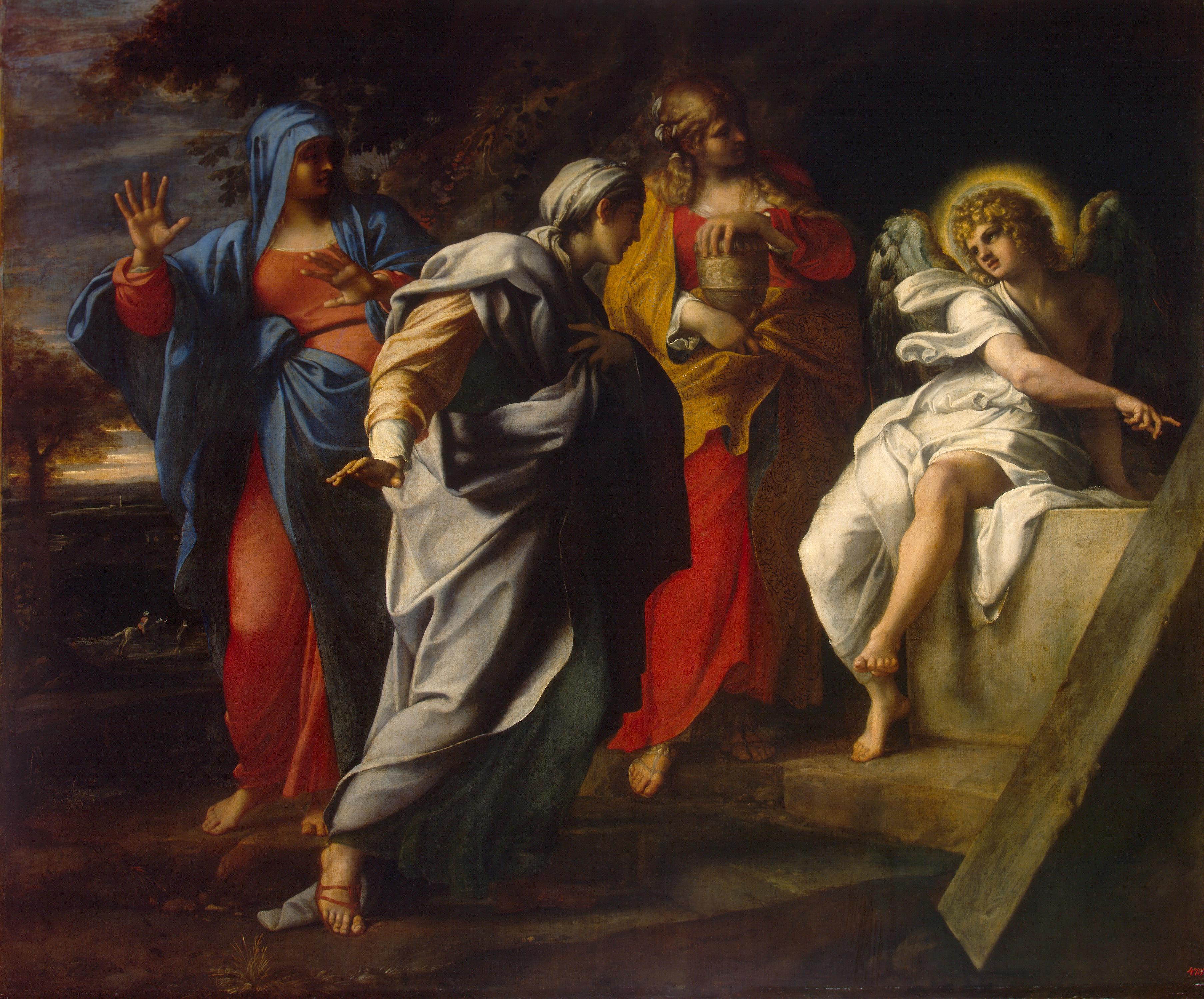 Annibale Carracci's 17th century Baroque masterpiece 'The Three Marys at the Tomb', an oil on canvas housed at the State Hermitage Museum, dramatically captures the holy women's profound astonishment as they discover Christ's empty tomb at the moment of the Resurrection