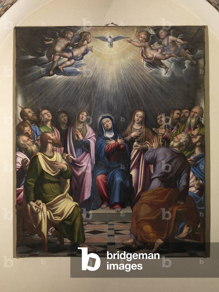 Simone Peterzano's Mannerist oil painting 'Pentecost' (c 1580), located in the Church of San Fedele in Milan, depicts the Descent of the Holy Spirit upon the Virgin Mary and the gathered disciples The work captures the profound awe described in the Acts of the Apostles, as tongues of fire descend upon the figures in a dynamic and expressive composition characteristic of the Mannerist style