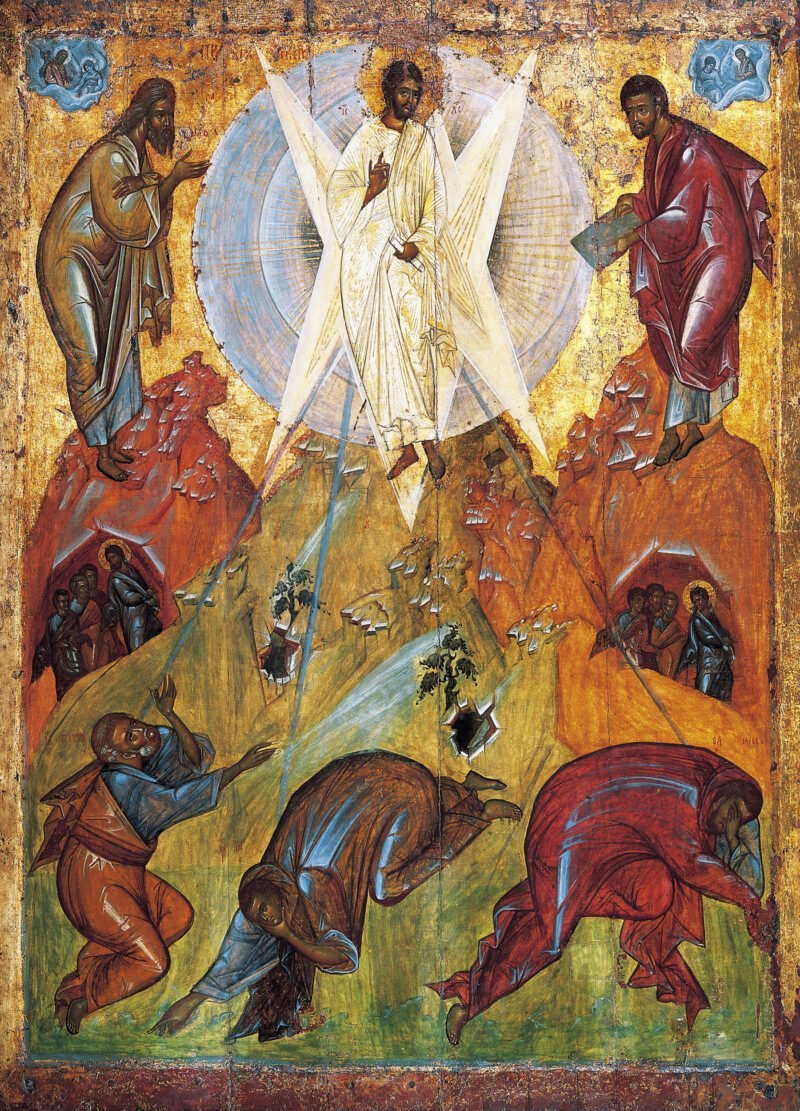 Theophanes the Greek's 1403 Byzantine fresco 'The Transfiguration' in Moscow's Tretyakov Gallery depicts Christ radiant in divine light between Moses and Elijah, witnessed by the awestruck apostles Peter, James, and John