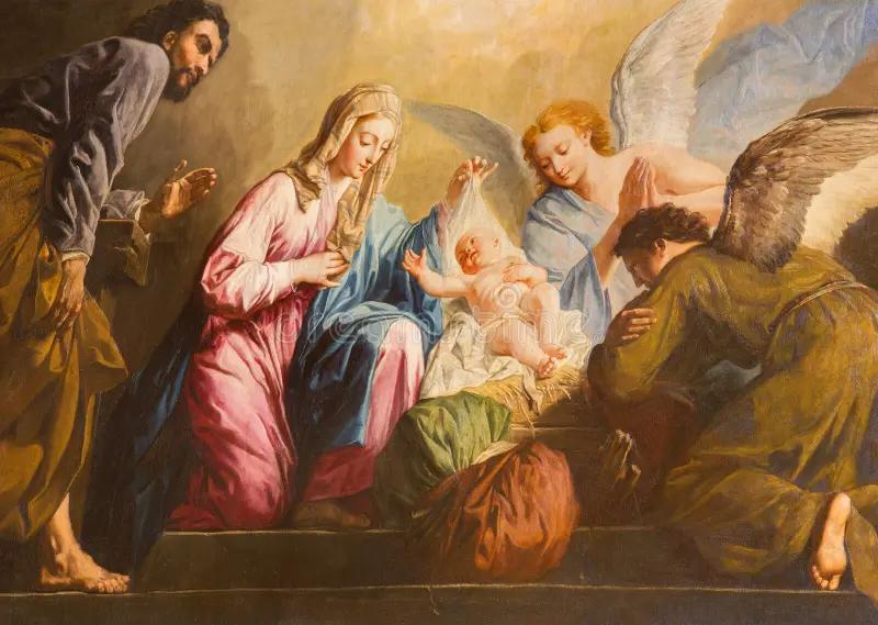Baroque Nativity scene by Pellegrini, depicting divine joy with mother and child