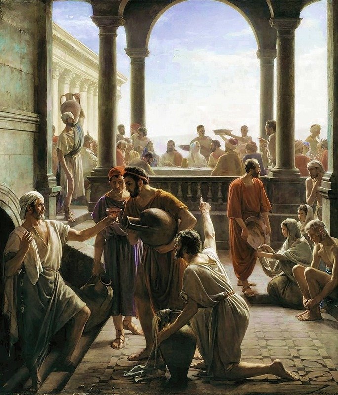 Carl Bloch's The Wedding at Cana depicts the miracle of turning water into wine