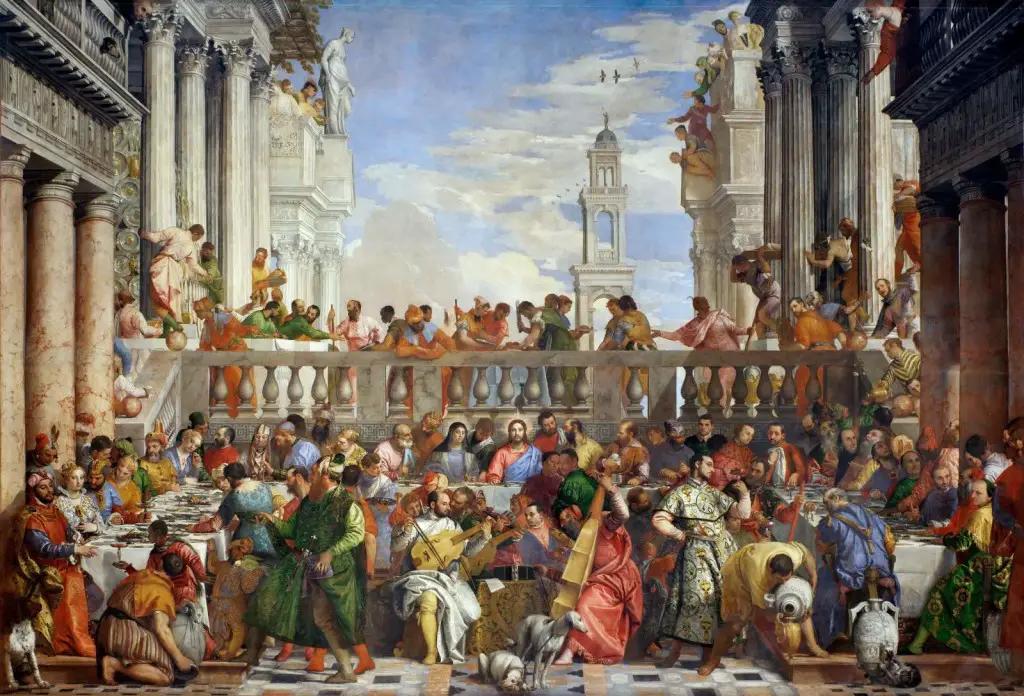 Paolo Veronese's magnificent 1563 oil painting 'The Wedding at Cana' captures Christ's first public miracle, where he transforms water into wine at a bustling wedding feast, exemplifying the Luminous Mysteries and the Venetian Renaissance style, now housed in the Louvre Museum, Paris